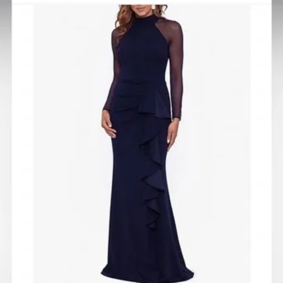 NWT Betsy & Adam Mock Neck Illusion Long Sleeve Ruffled Scuba Crepe Mesh Gown 4P - Picture 1 of 5